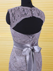 Gray Scoop Neck Sheath/Column Dress with Covered Button Lace and Sashes/Ribbons - Perfect for Mother of the Bride