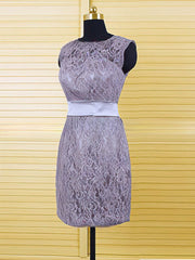 Gray Scoop Neck Sheath/Column Dress with Covered Button Lace and Sashes/Ribbons - Perfect for Mother of the Bride