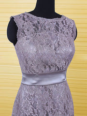 Gray Scoop Neck Sheath/Column Dress with Covered Button Lace and Sashes/Ribbons - Perfect for Mother of the Bride