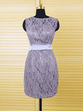 Gray Scoop Neck Sheath/Column Dress with Covered Button Lace and Sashes/Ribbons - Perfect for Mother of the Bride