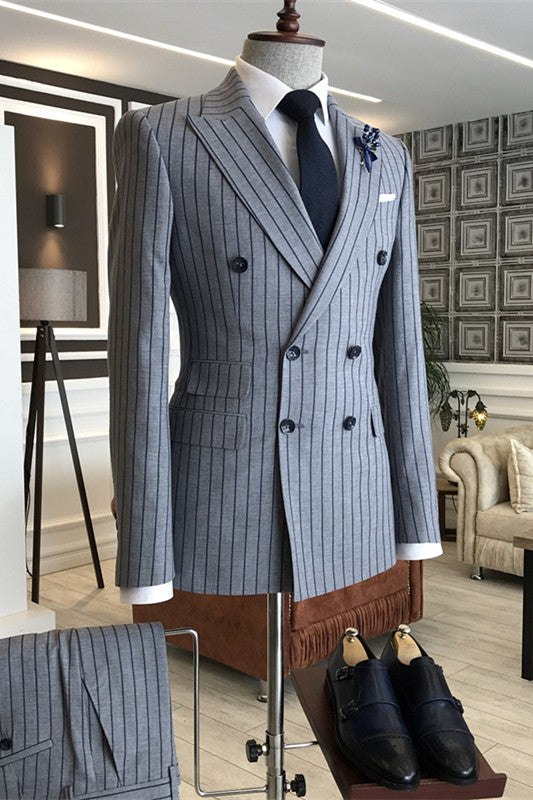 Striped Peaked Lapel Double Breasted Gray Business Suits
