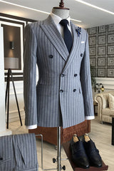 Striped Peaked Lapel Double Breasted Gray Business Suits