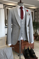 Gray Striped Peaked Lapel Three Pieces Close Fitting Men Suits For Business