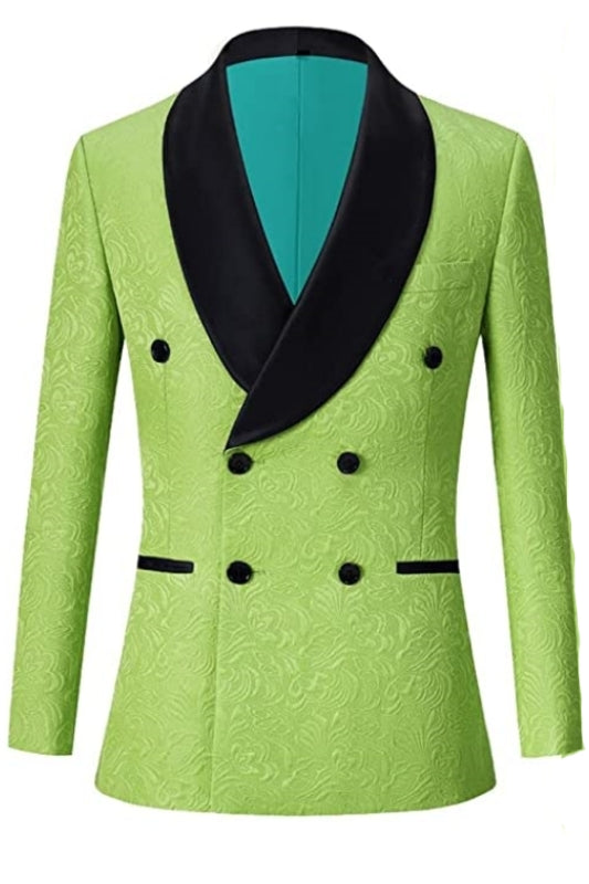 Double Breasted Jacquard Green Prom Suits With Black Velvet Shawl Lapel