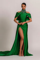 Green High Neck Pleated Mermaid Prom Dress Halter With Appliques
