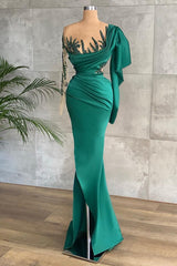 Green Long Sleeves Mermaid Side Split Prom Dress With Appliques