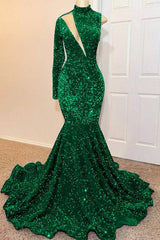 Green Mermaid High Neck One Shoulder Long Sleeve Long Prom Dress With Sequins