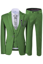Notched Lapel Three Pieces Close Fitting Green Prom Suits With Black Dot
