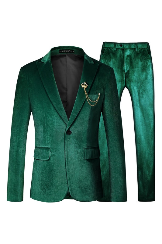 Green Peaked Lapel Two Pieces Velvet Suits For Prom