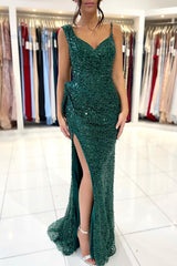 Green Prom Dress Spaghetti Strap With Split Pleated Sequins