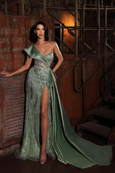 Green Sequins Prom Dress One Shoulder With Sleeveless Trail High Slit