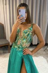 Green V-Neck Appliqued A-Line Long Prom Dress with Slit
