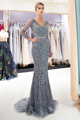 Grey Long Mermaid V-neck Tulle Evening Dresses with Sleeves-27dress