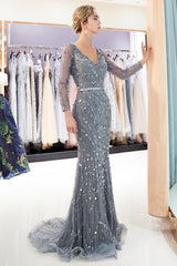 Grey Long Mermaid V-neck Tulle Evening Dresses with Sleeves-27dress