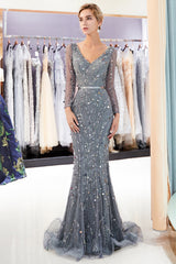 Grey Long Mermaid V-neck Tulle Evening Dresses with Sleeves-27dress