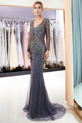 Grey Long Sleeves Mermaid V-neck Beaded Tulle Evening Dresses-27dress