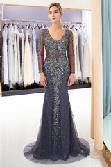 Grey Long Sleeves Mermaid V-neck Beaded Tulle Evening Dresses-27dress