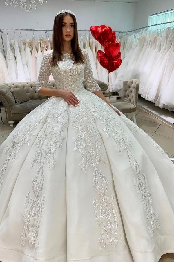 Half Sleeves Applqiues Ball Gown Wedding Dress Online-27dress