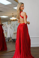Halter Backless Long A Line Split Prom Dress With Ruffles Pleated