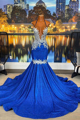 Halter Beautiful Royal Blue Backless Mermaid Prom Dress With Appliques