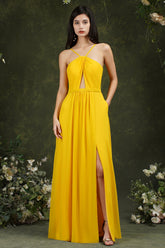 Halter Bridesmaid Dress Long Side Slit-27dress