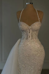 Halter Long Mermaid Sleeveless Wedding Dress with Beading-27dress