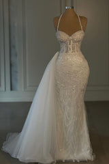Halter Long Mermaid Sleeveless Wedding Dress with Beading-27dress