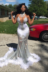 Halter Neck Mermaid Long Prom Dress Waist Skimming With Appliques Feathers