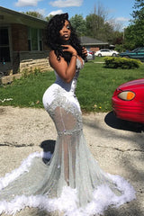 Halter Neck Mermaid Prom Dress Waist Skimming With Appliques Feathers