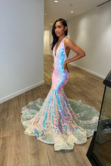 Halter Neck Sequins Sleeveless Mermaid Princess Prom Dress Sleeveless Laser Light Trumpet