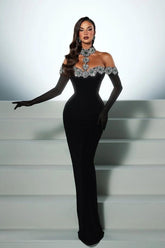 Halter Off the Shoulder Long Sleeves Long Mermaid Prom Dress With Beading