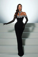 Halter Off the Shoulder Long Sleeves Long Mermaid Prom Dress With Beading