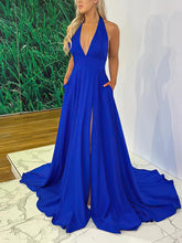 Halter Satin Prom Dress with Pockets and Sweep Train