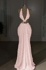 Halter Sleeveless Backless Long Mermaid Prom Dress With Sequins