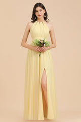 Halter Sleeveless Daffodil Chiffon Bridesmaid Dress with Ruffles-27dress