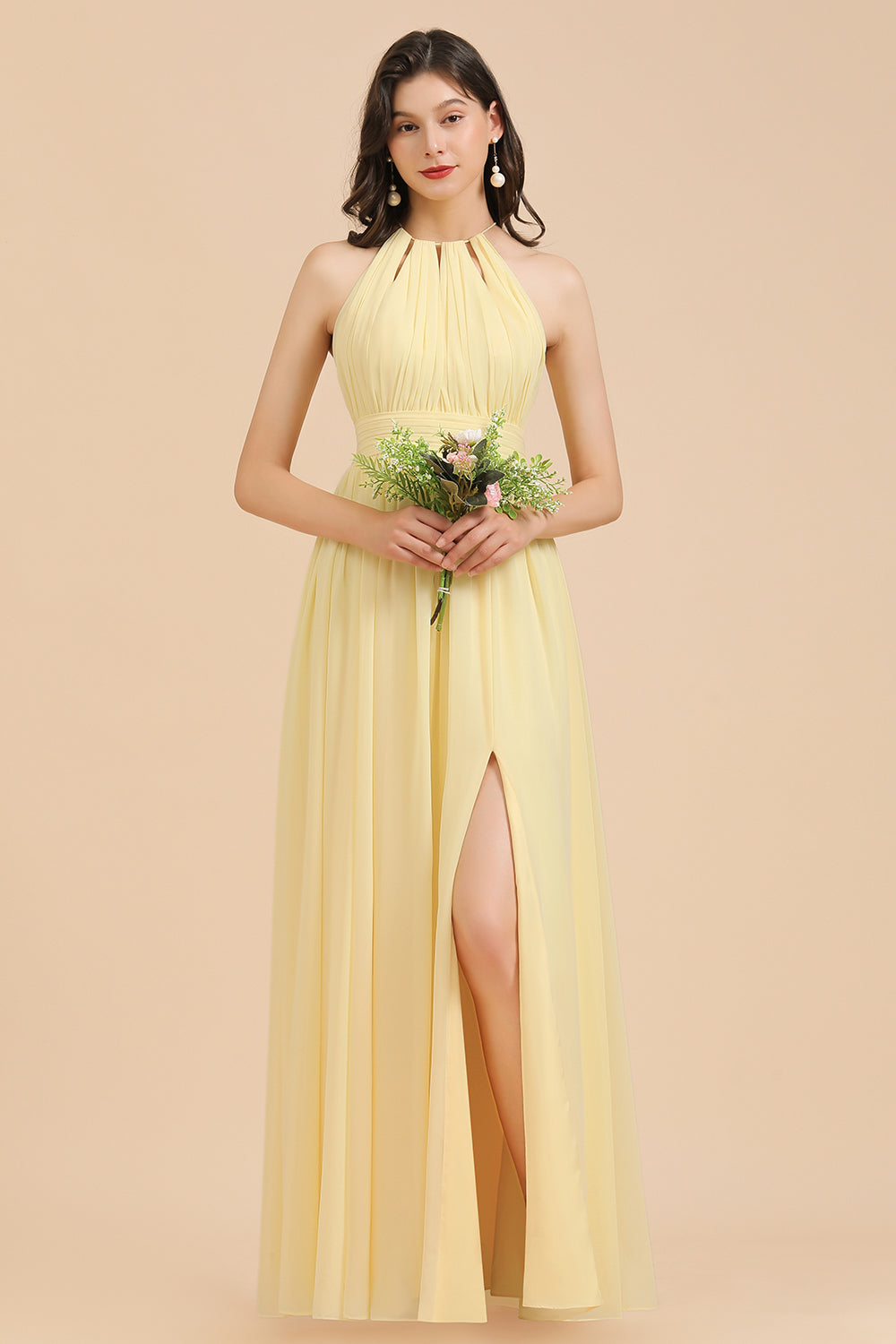 Halter Sleeveless Daffodil Chiffon Bridesmaid Dress with Ruffles-27dress