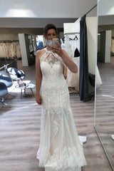Halter Sleeveless Mermaid Wedding Dress Lace Bridal Gowns-27dress
