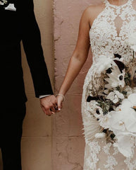 Halter Sleeveless Mermaid Wedding Dress With Applqiues Boho Bridal Gown-27dress