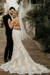Halter Sleeveless Mermaid Wedding Dress With Applqiues Boho Bridal Gown-27dress