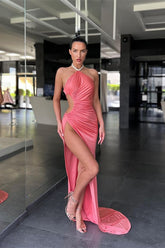 Halter Sleeveless Pink Mermaid Pleated Prom Dress Long With Split Online