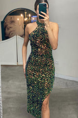Halter Sleeveless Short Elegant Prom Sequins Dress With Side Split Online