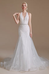 Halter V-Neck Mermaid Lace Wedding Dress Long On Sale-27dress