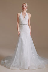 Halter V-Neck Mermaid Lace Wedding Dress Long On Sale-27dress