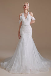 Halter V-Neck Mermaid Lace Wedding Dress Long On Sale-27dress