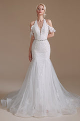 Halter V-Neck Mermaid Lace Wedding Dress Long On Sale-27dress