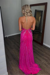 Halter V Neck Sleeveless High Split Long Prom Dress With Appliques