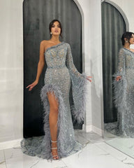 Heavy Prom Dress Feather One Shoulder Long Sleeve With Beading