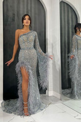 Heavy Prom Dress Feather One Shoulder Long Sleeve With Beading