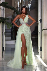 Heavy Sequins Prom Dress Sleeveless One Shoulder With High Slit