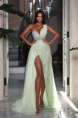 Heavy Sequins Prom Dress Sleeveless One Shoulder With High Slit